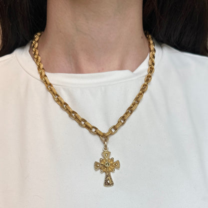 Estate 14KT Yellow Gold Cabochon Peridot Ornate Cross Pendant + Enhancer Bail