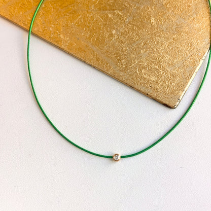 14KT Yellow Gold Green Silk Cord Necklace + Bezel Diamond Slide Pendant