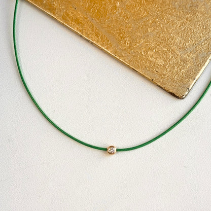 14KT Yellow Gold Green Silk Cord Necklace + Bezel Diamond Slide Pendant
