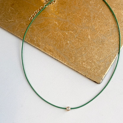 14KT Yellow Gold Green Silk Cord Necklace + Bezel Diamond Slide Pendant