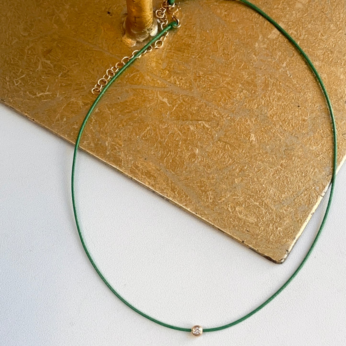 14KT Yellow Gold Green Silk Cord Necklace + Bezel Diamond Slide Pendant