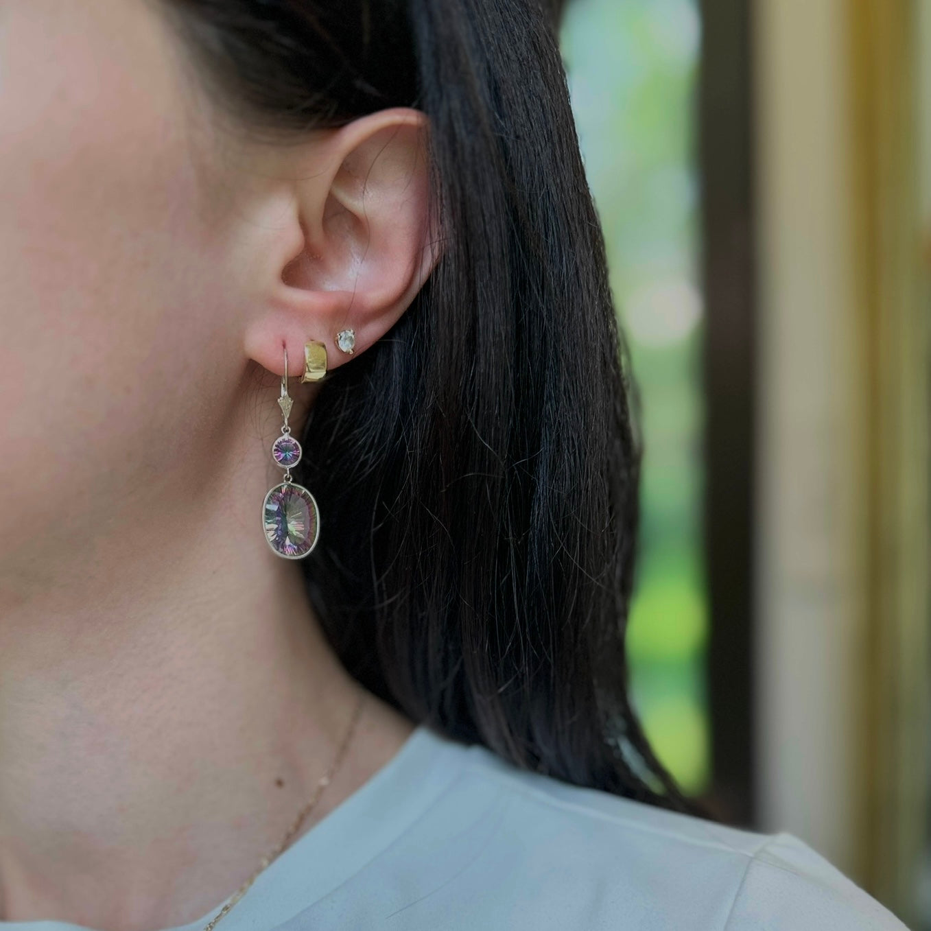 14KT White Gold Oval + Round Mystic Quartz Dangle Lever Back Earrings