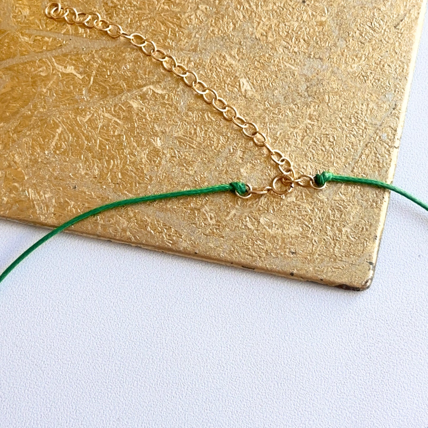 14KT Yellow Gold Green Silk Cord Necklace + Bezel Diamond Slide Pendant