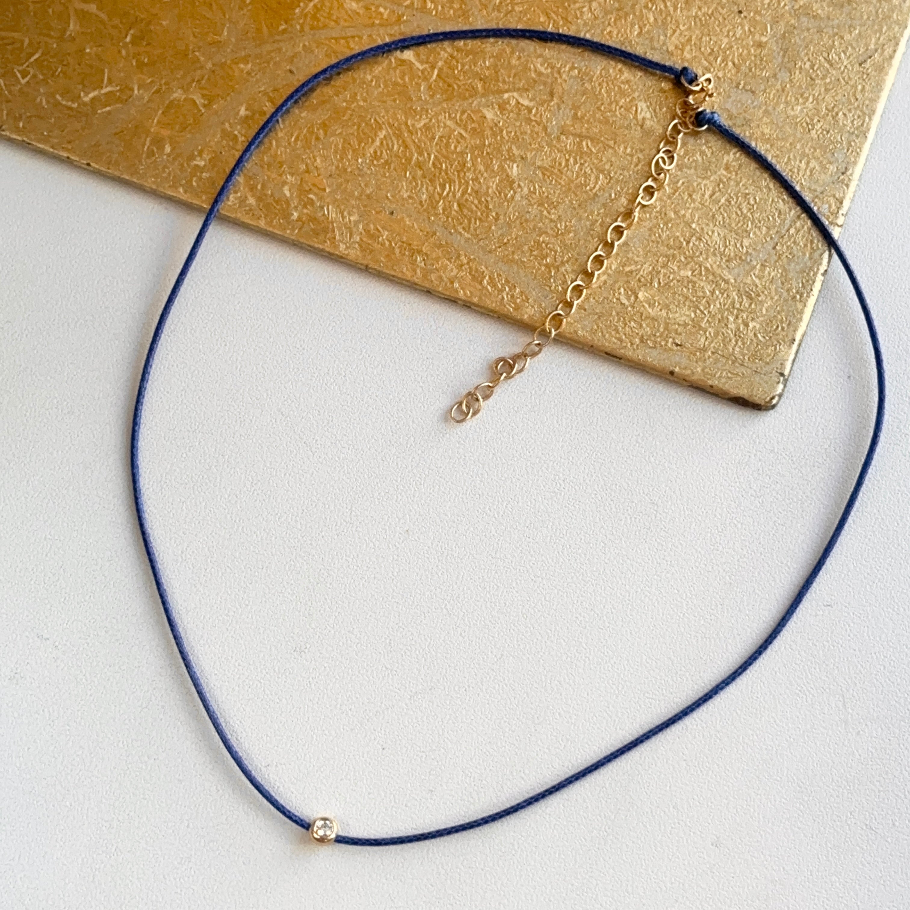 14KT Yellow Gold Blue Silk Cord Necklace + Bezel Diamond Slide