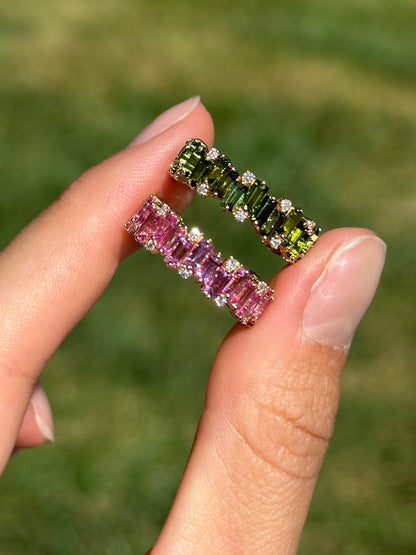 Estate 18KT Yellow Gold Baguette Green Tourmaline + Diamond Band Ring