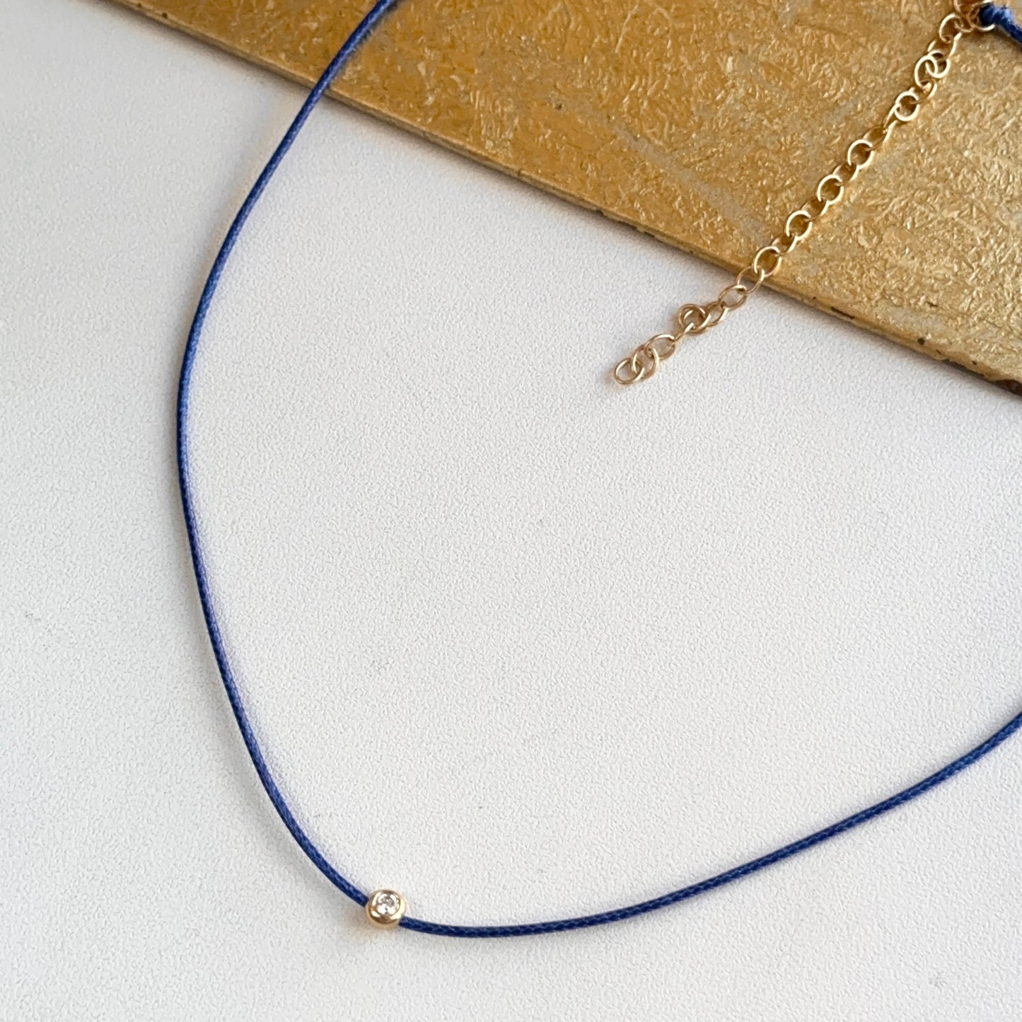 14KT Yellow Gold Blue Silk Cord Necklace + Bezel Diamond Slide Pendant