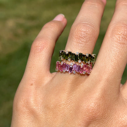 Estate 18KT Yellow Gold Baguette Green Tourmaline + Diamond Band Ring