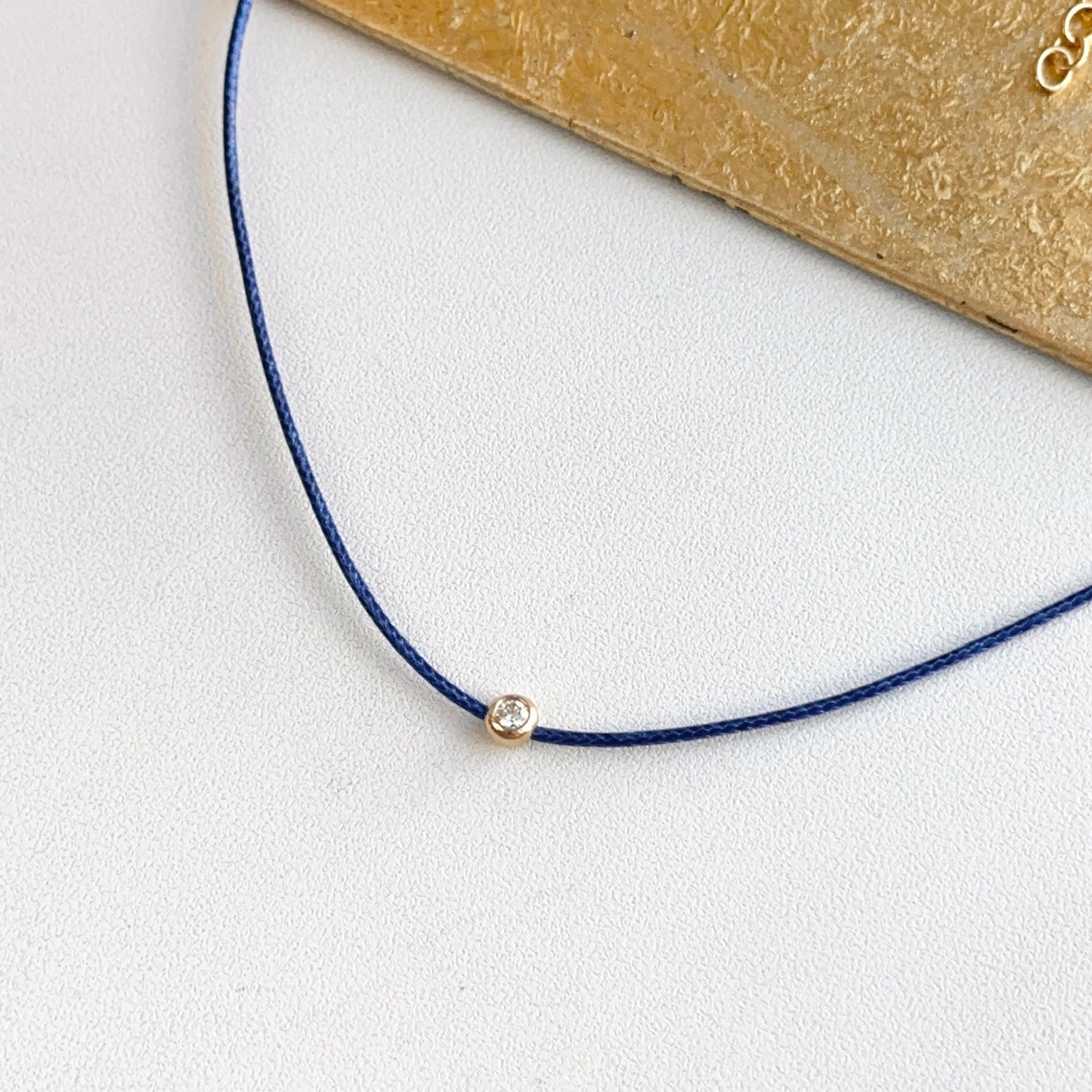 14KT Yellow Gold Blue Silk Cord Necklace + Bezel Diamond Slide Pendant