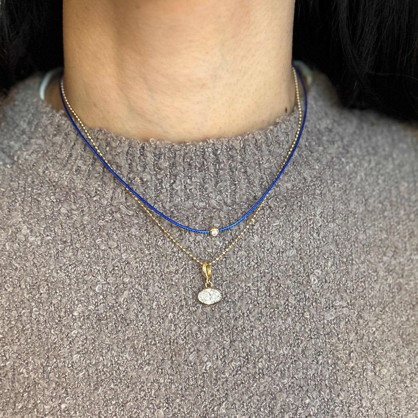 14KT Yellow Gold Blue Silk Cord Necklace + Bezel Diamond Slide Pendant