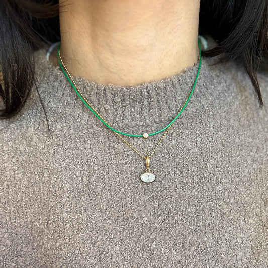 14KT Yellow Gold Green Silk Cord Necklace + Bezel Diamond Slide Pendant