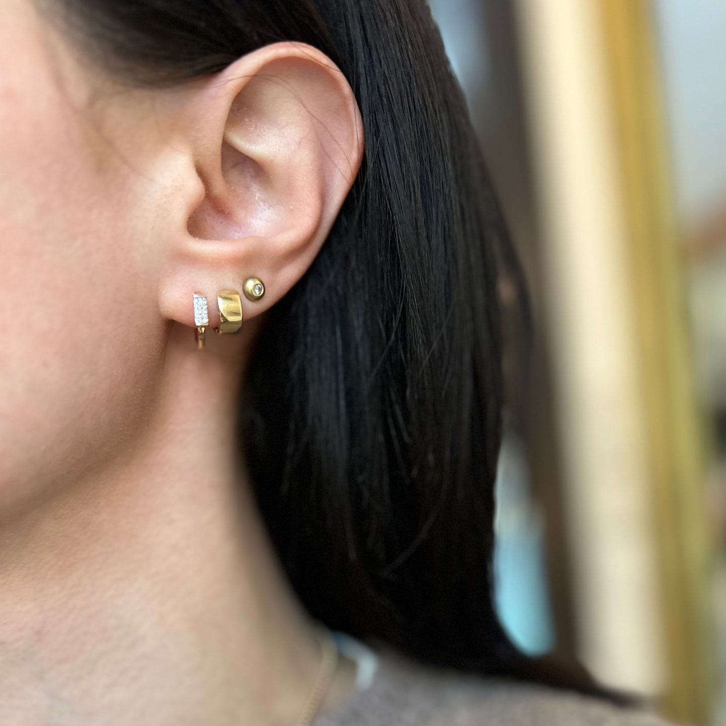 14KT Yellow Gold Pave Diamond Bar Huggie Hoop Earrings