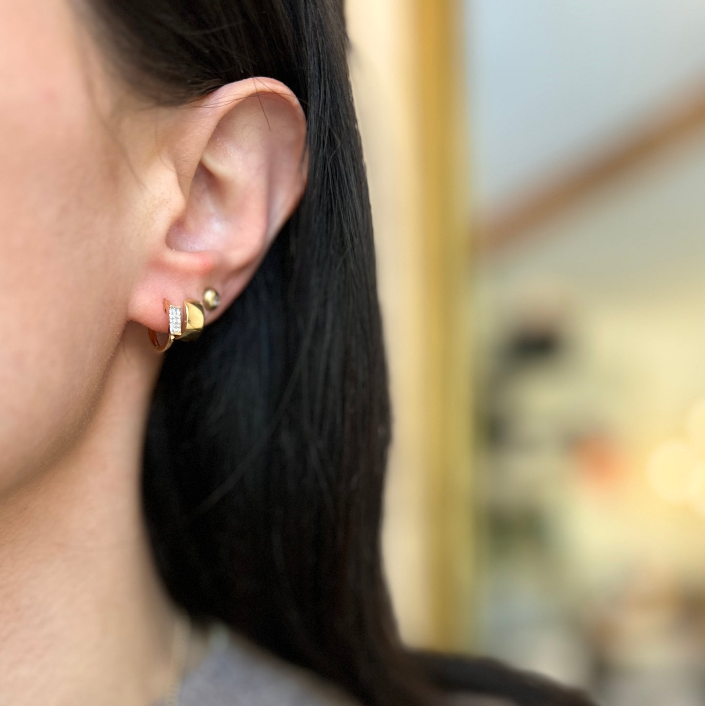 14KT Yellow Gold Pave Diamond Bar Huggie Hoop Earrings