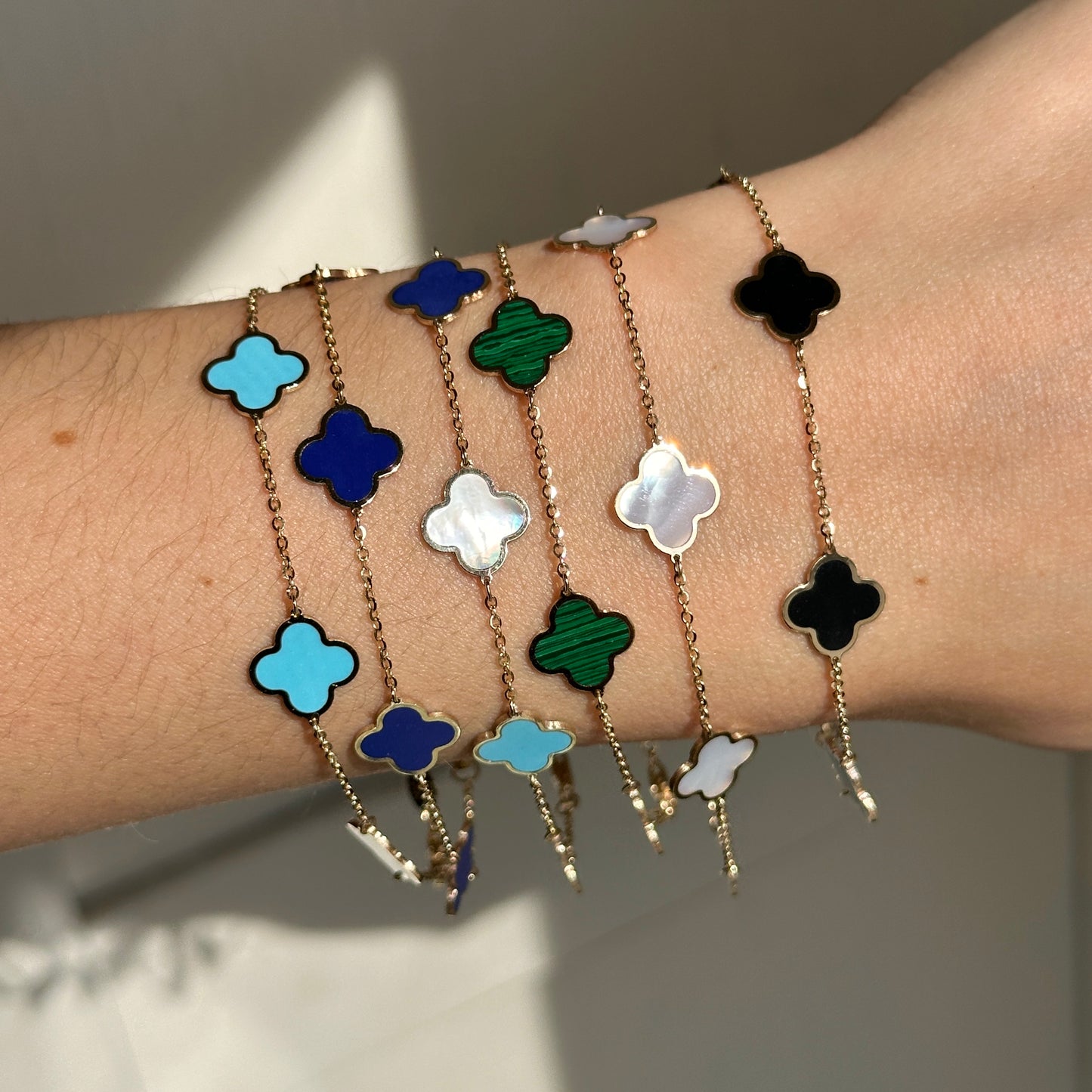 14KT Yellow Gold Lapis, Turquoise + Pearl 4 Leaf Cover Charm Chain Bracelet