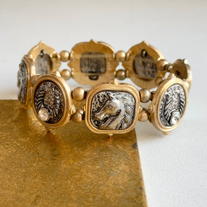 Estate Yellow Gold Tone Moveable Stretch Horse + Horseshoe Link Bracelet