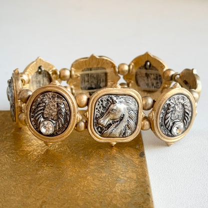 Estate Yellow Gold Tone Moveable Stretch Horse + Horseshoe Link Bracelet