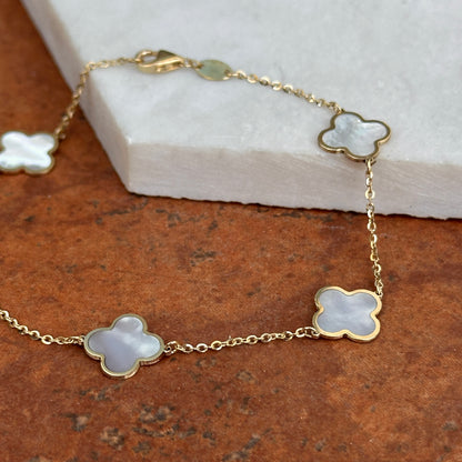 14KT Yellow Gold Mother of Pearl 4 Leaf Cover Charm Chain Bracelet