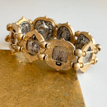 Estate Yellow Gold Tone Moveable Stretch Horse + Horseshoe Link Bracelet