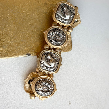 Estate Yellow Gold Tone Moveable Stretch Horse + Horseshoe Link Bracelet