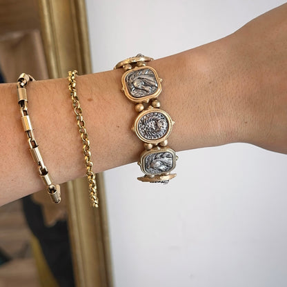 Estate Yellow Gold Tone Moveable Stretch Horse + Horseshoe Link Bracelet