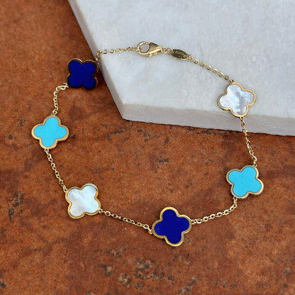 14KT Yellow Gold Lapis, Turquoise + Pearl 4 Leaf Cover Charm Chain Bracelet