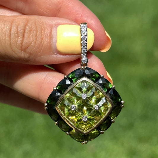 Estate 18KT Yellow Gold Green Tourmaline, Peridot + Diamond Pendant Enhancer