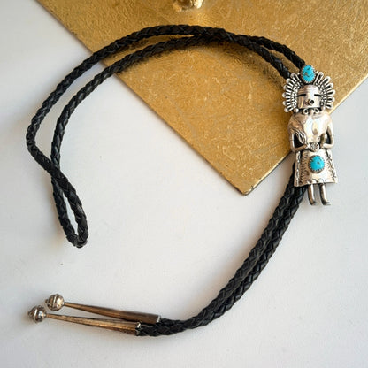 Native American Kachina Sterling Silver Turquoise Bolo Tie Necklace