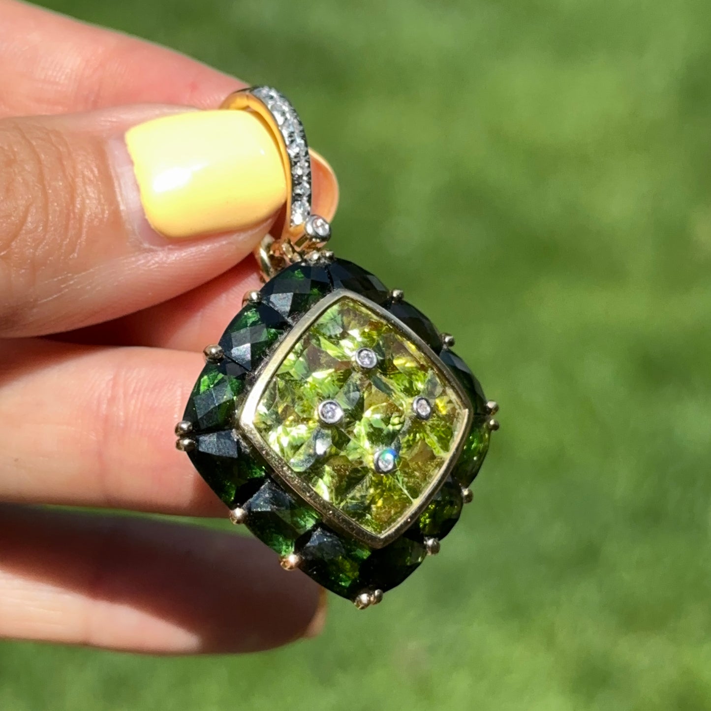 Estate 18KT Yellow Gold Green Tourmaline, Peridot + Diamond Pendant Enhancer