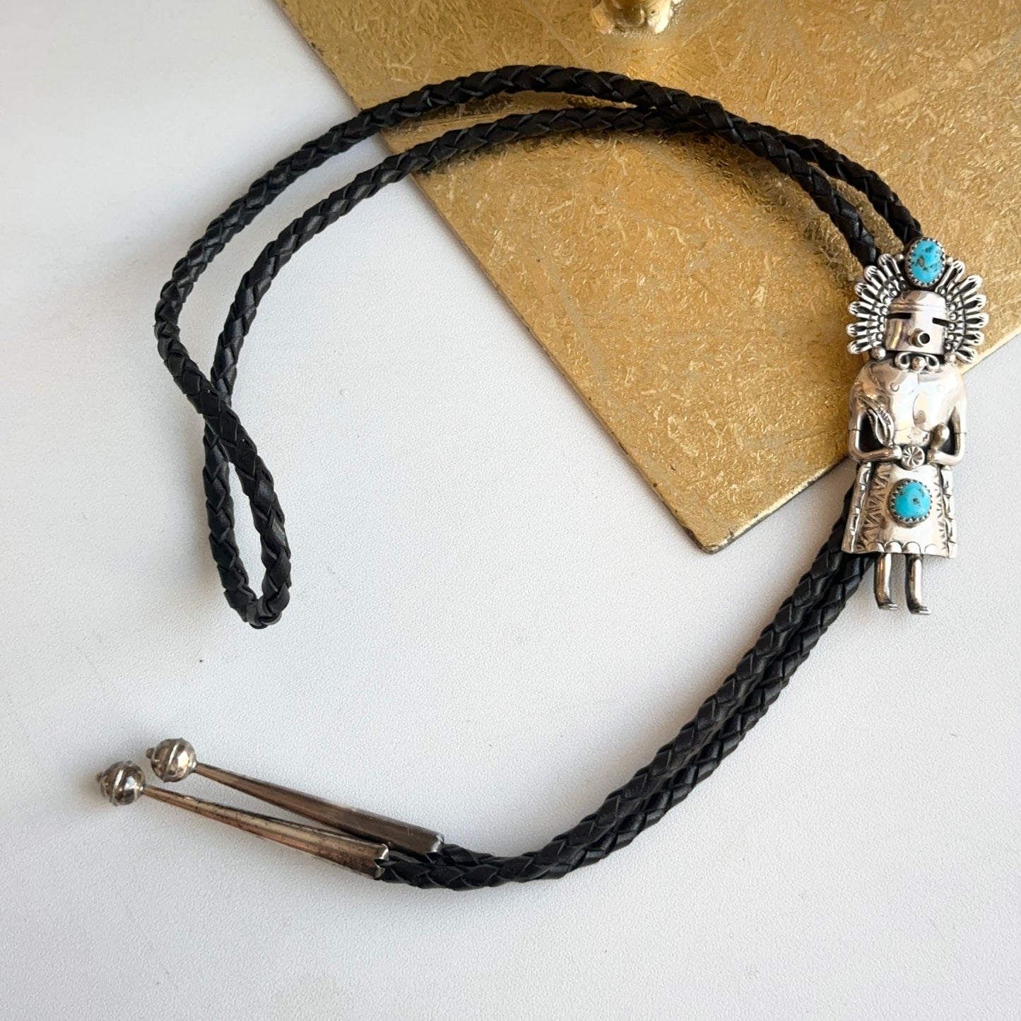 Native American Kachina Sterling Silver Turquoise Bolo Tie Necklace