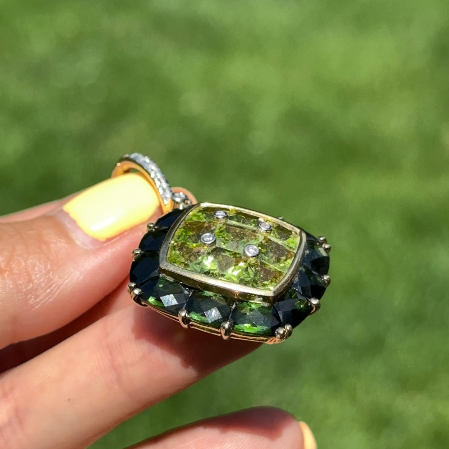 Estate 18KT Yellow Gold Green Tourmaline, Peridot + Diamond Pendant Enhancer