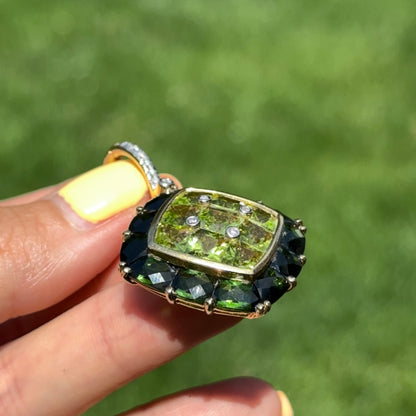Estate 18KT Yellow Gold Green Tourmaline, Peridot + Diamond Pendant Enhancer