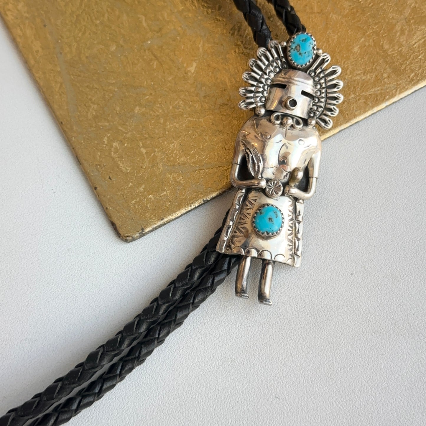 Native American Kachina Sterling Silver Turquoise Bolo Tie Necklace