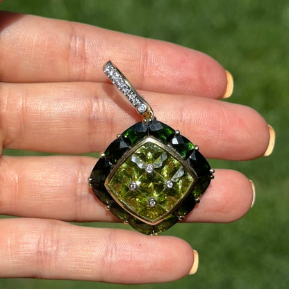 Estate 18KT Yellow Gold Green Tourmaline, Peridot + Diamond Pendant Enhancer