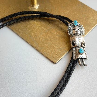 Native American Kachina Sterling Silver Turquoise Bolo Tie Necklace