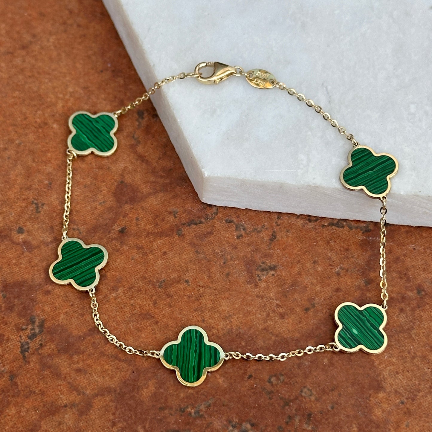 14KT Yellow Gold Malachite 4 Leaf Cover Charm Chain Bracelet