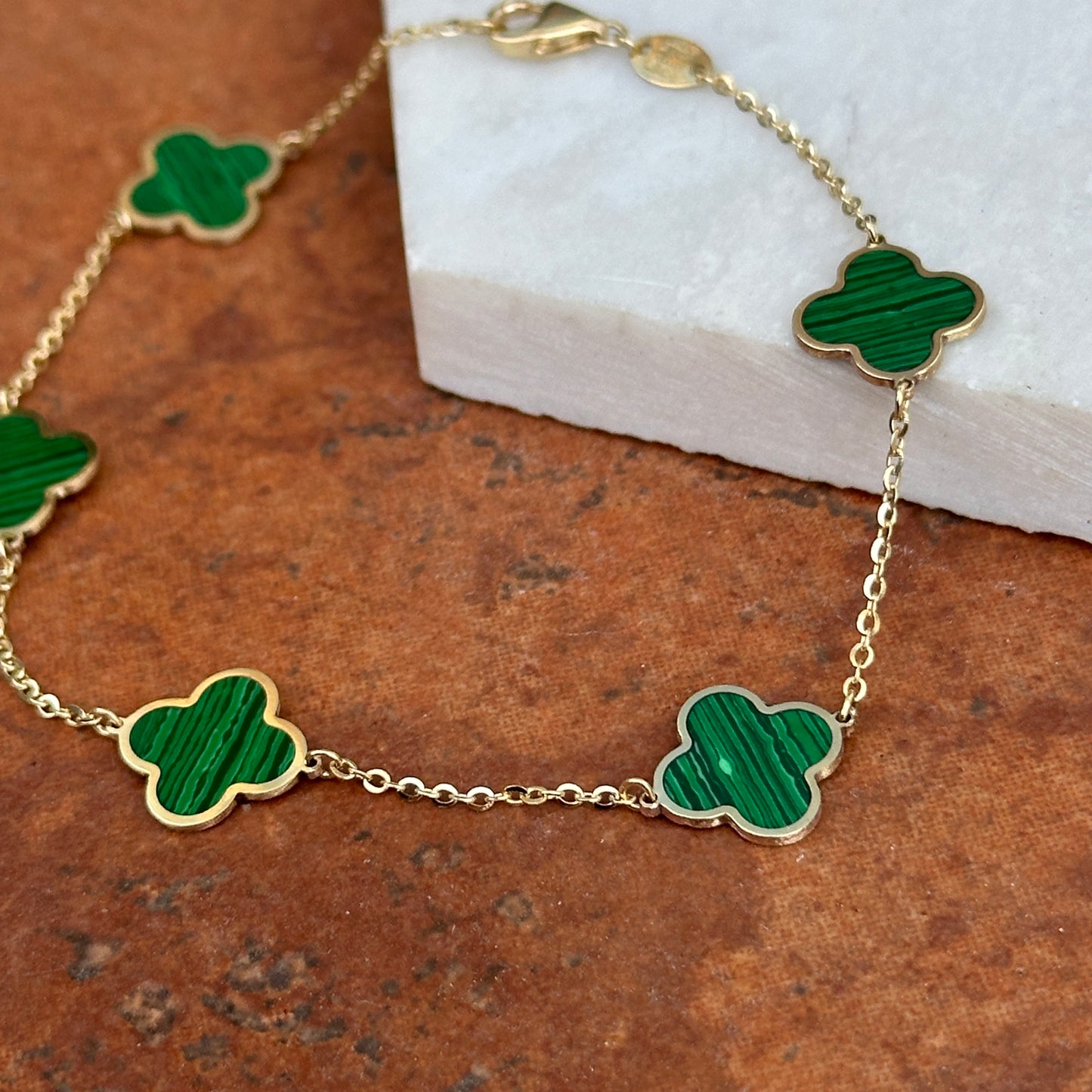 14KT Yellow Gold Malachite 4 Leaf Cover Charm Chain Bracelet