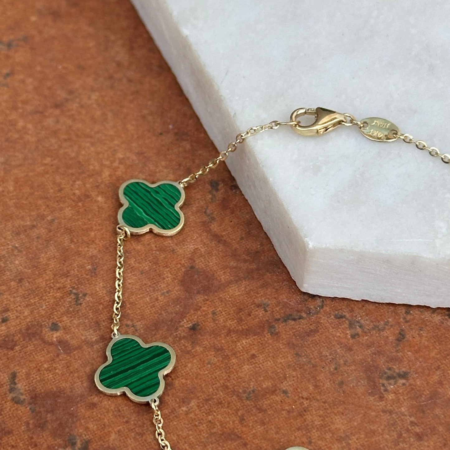 14KT Yellow Gold Malachite 4 Leaf Cover Charm Chain Bracelet