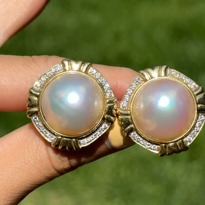 Estate 18KT Yellow Gold Mabe Pearl + Diamond Clip-On Earrings