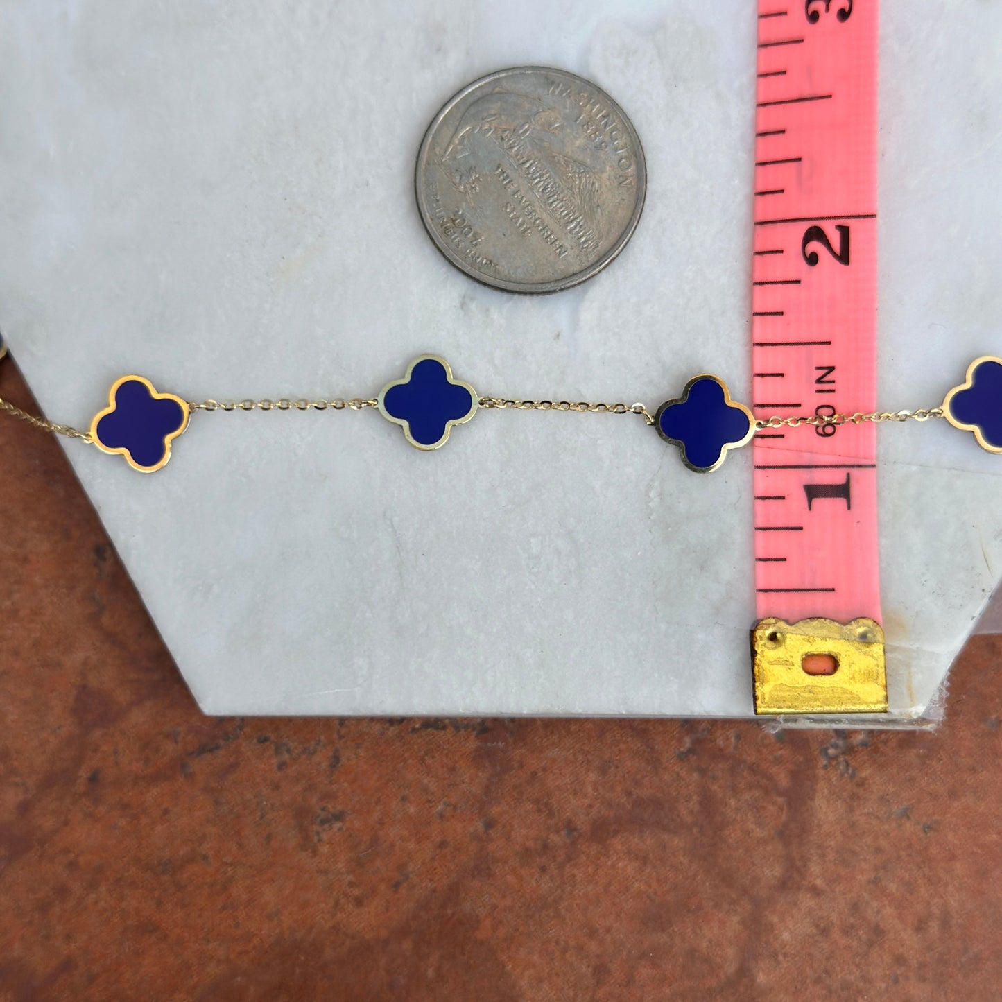 14KT Yellow Gold Blue Lapis 4 Leaf Cover Charm Chain Bracelet