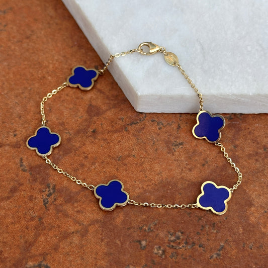 14KT Yellow Gold Blue Lapis 4 Leaf Cover Charm Chain Bracelet