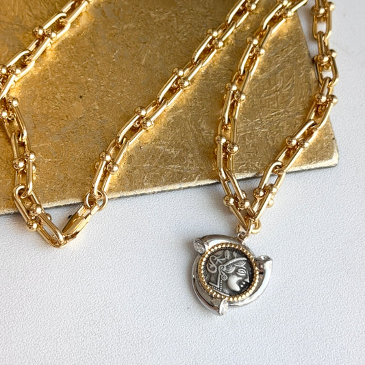 Estate Vintage Gold-Tone Chain Replica Roman Coin + White Stones Necklace 19"