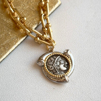 Estate Vintage Gold-Tone Chain Replica Roman Coin + White Stones Necklace 19"