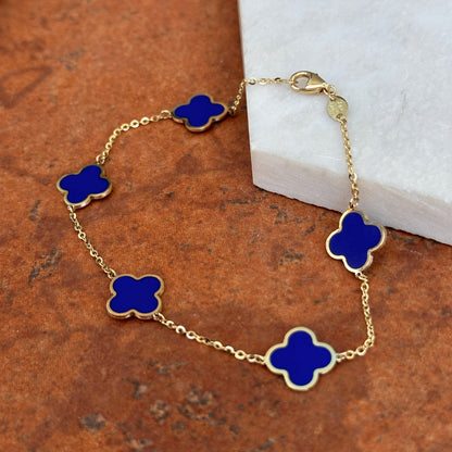 14KT Yellow Gold Blue Lapis 4 Leaf Cover Charm Chain Bracelet