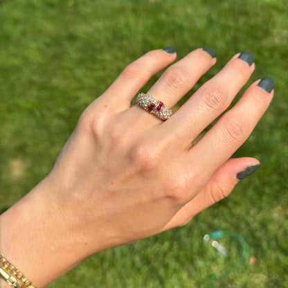 18KT Yellow Gold Square Cut Ruby and Diamond Band Ring