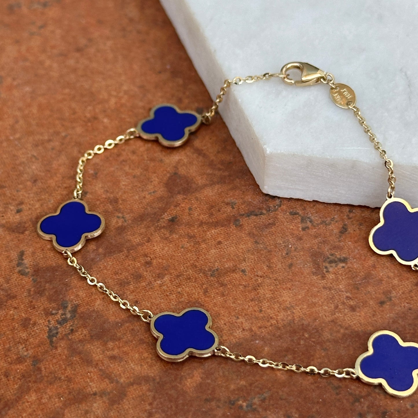 14KT Yellow Gold Blue Lapis 4 Leaf Cover Charm Chain Bracelet