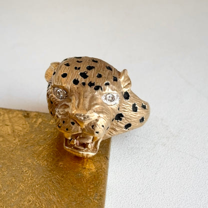 Estate 14KT Yellow Gold Pave Diamond + Enamel Panther Cougar Head Ring