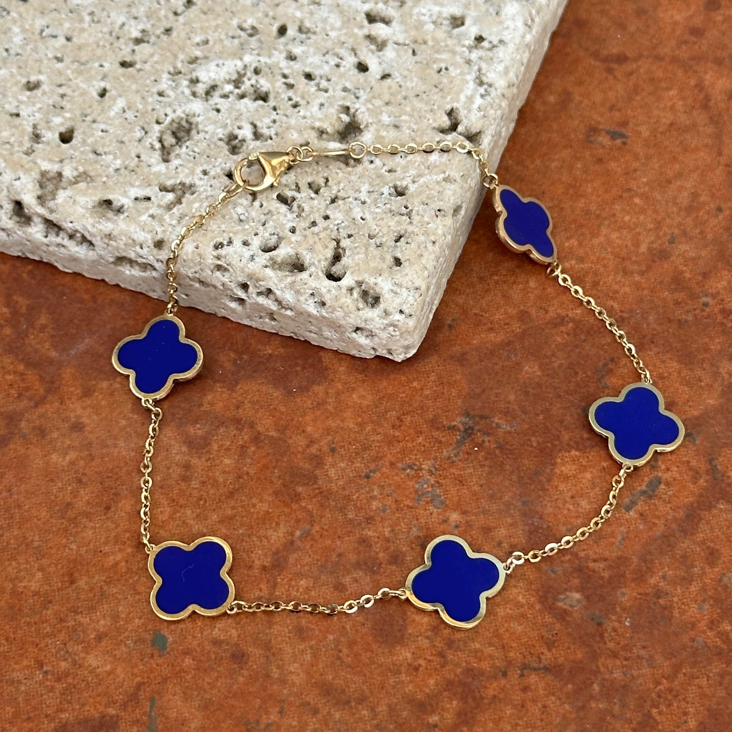 14KT Yellow Gold Blue Lapis 4 Leaf Cover Charm Chain Bracelet