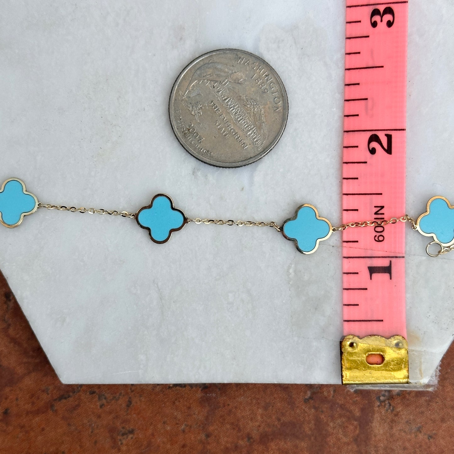 14KT Yellow Gold Turquoise 10mm 4 Leaf Cover Charm Chain Bracelet