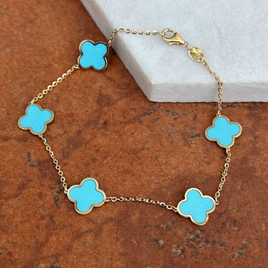 14KT Yellow Gold Turquoise 10mm 4 Leaf Cover Charm Chain Bracelet