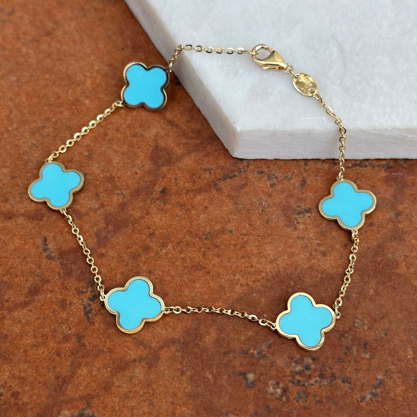 14KT Yellow Gold Turquoise 10mm 4 Leaf Cover Charm Chain Bracelet