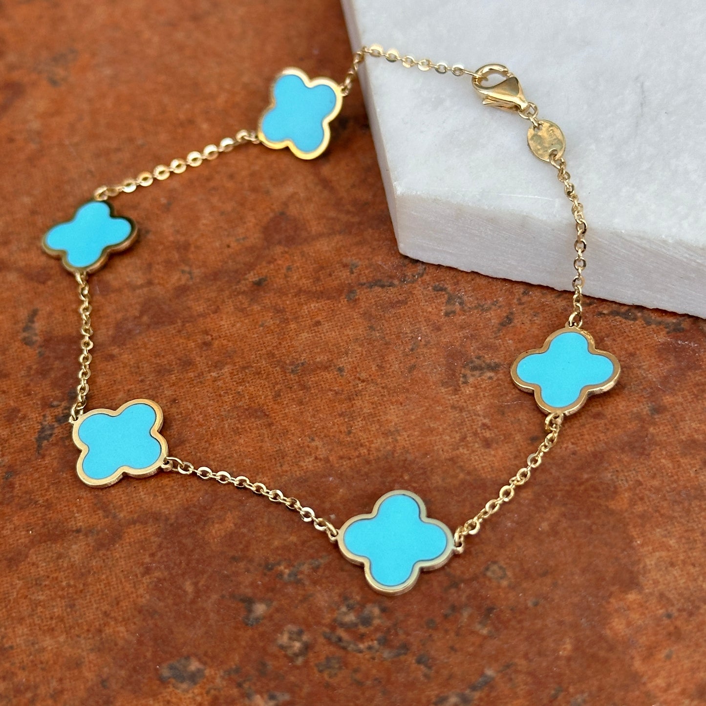 14KT Yellow Gold Turquoise 10mm 4 Leaf Cover Charm Chain Bracelet